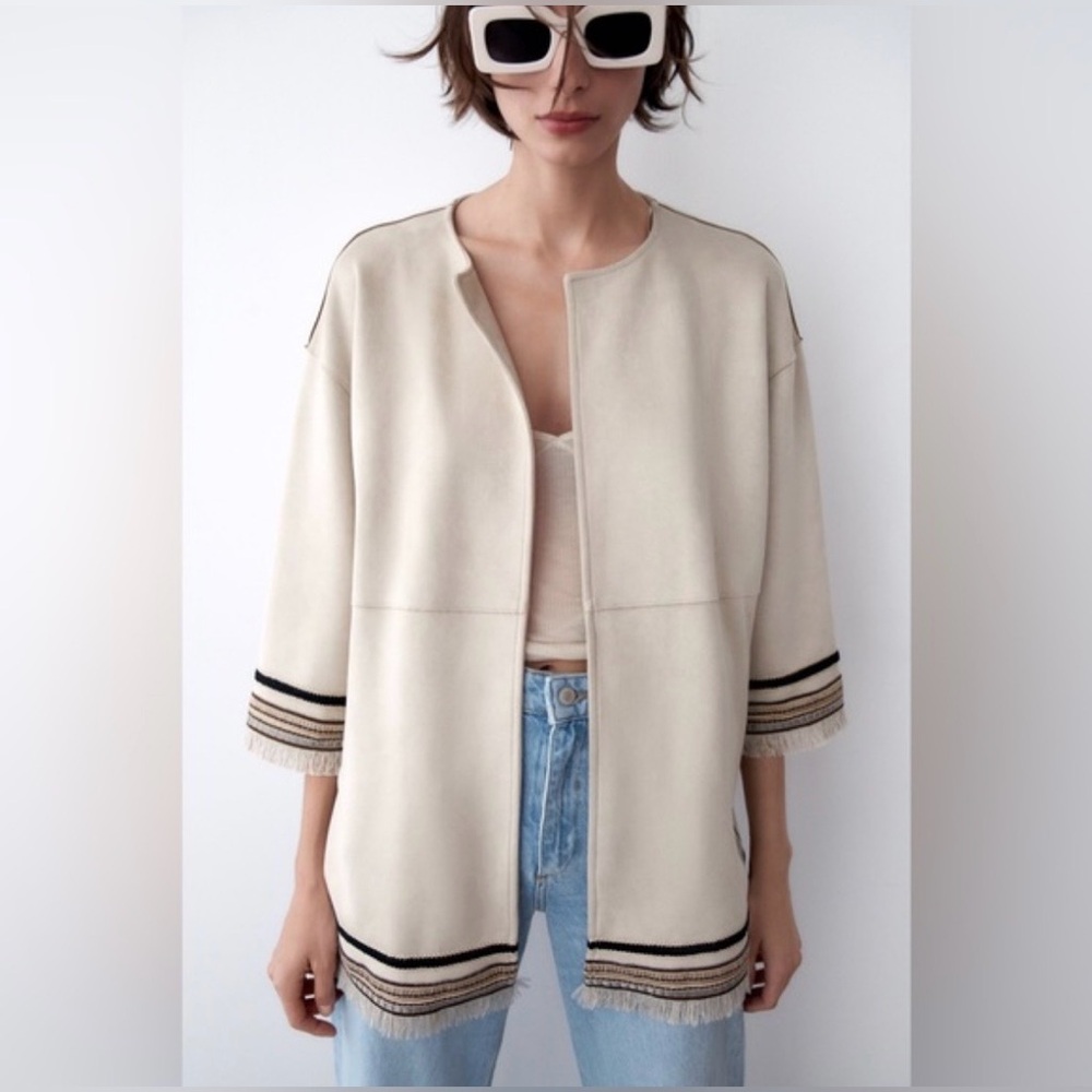 Zara Fringe Trim Open Jacket Neutral S